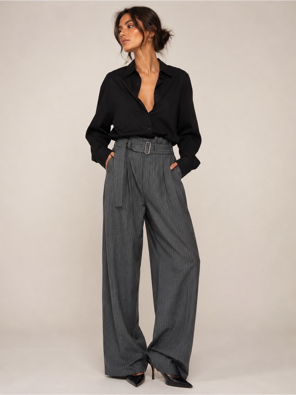 ASHLYN New York Wide-Leg High-Waist Pinstripe Trousers sz 4 - Black/Grey wool